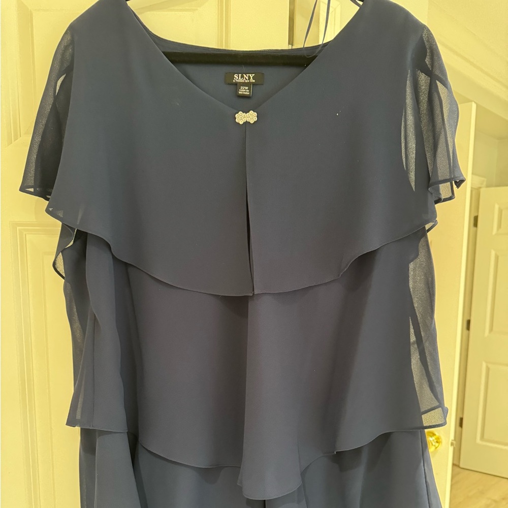 SLNY navy shift embellished dress